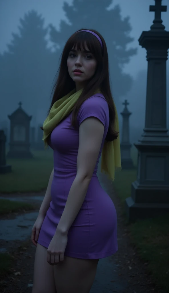 Latin woman walking alone, brown hair, She has bangs like Daphne, she wears a short low-cut purple dress, she wears a lemon-green scarf around her neck, she wears a purple headband, very realistic, Cinematic light, Background of a cemetery at night and with a lot of fog