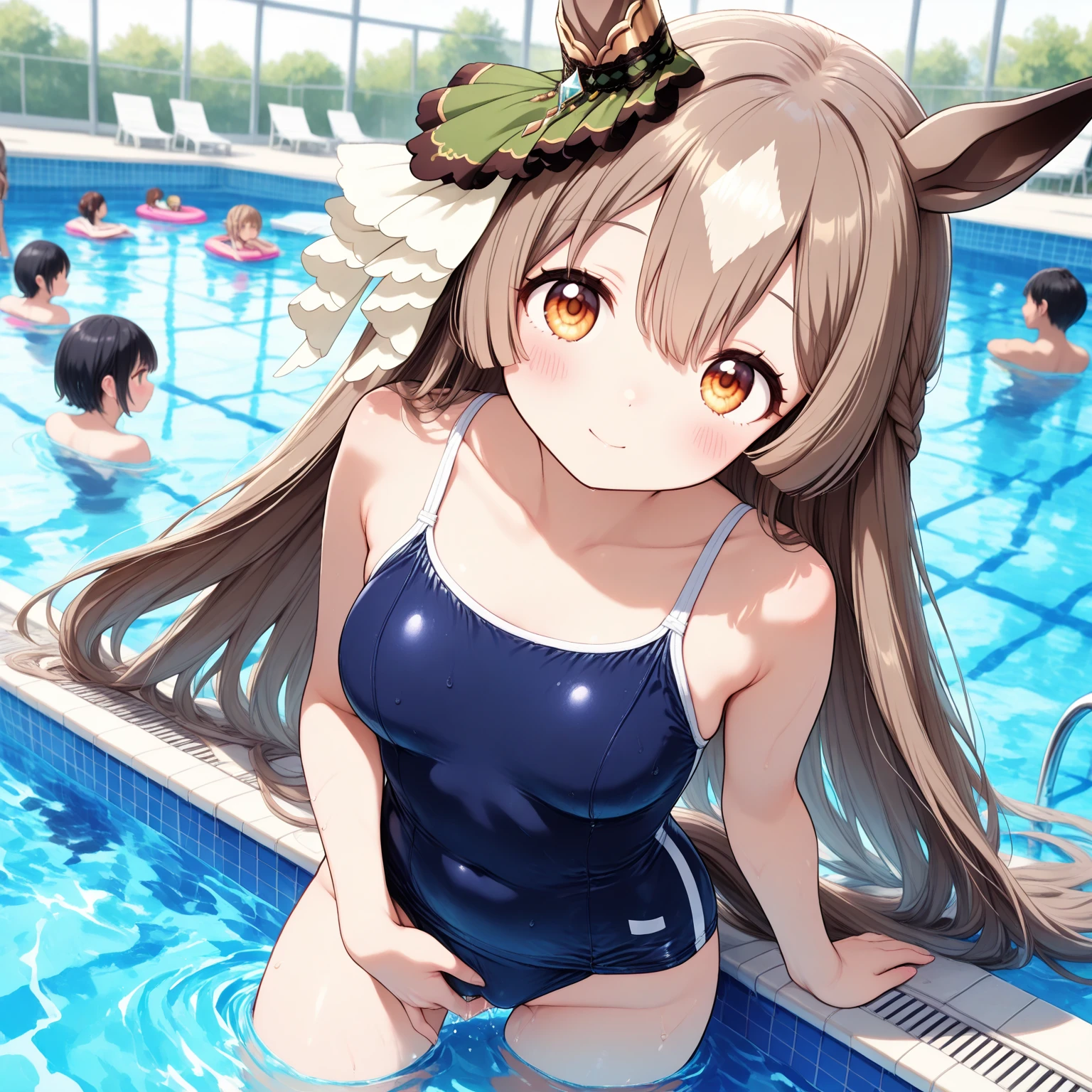 1 girl、platelet、8K、must、fart、blush、large amount of gas、full body photo、brown hair、long hair、Kindergarteners、brown eyes、feel shy、lots of gas、Gas comes out of the butt、leak diarrhea、defecating、Do poop、big breasts、Yellow swimsuit、school pool、yellow lava、Satisfied smile、spoken hearts、squat