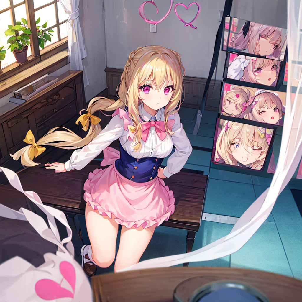 ((masterpiece))((Highest quality))Sitting in a chair、Blonde twin tails、(So that your whole body can be seen)、Directly in front、No background、(Put your feet on the ground)