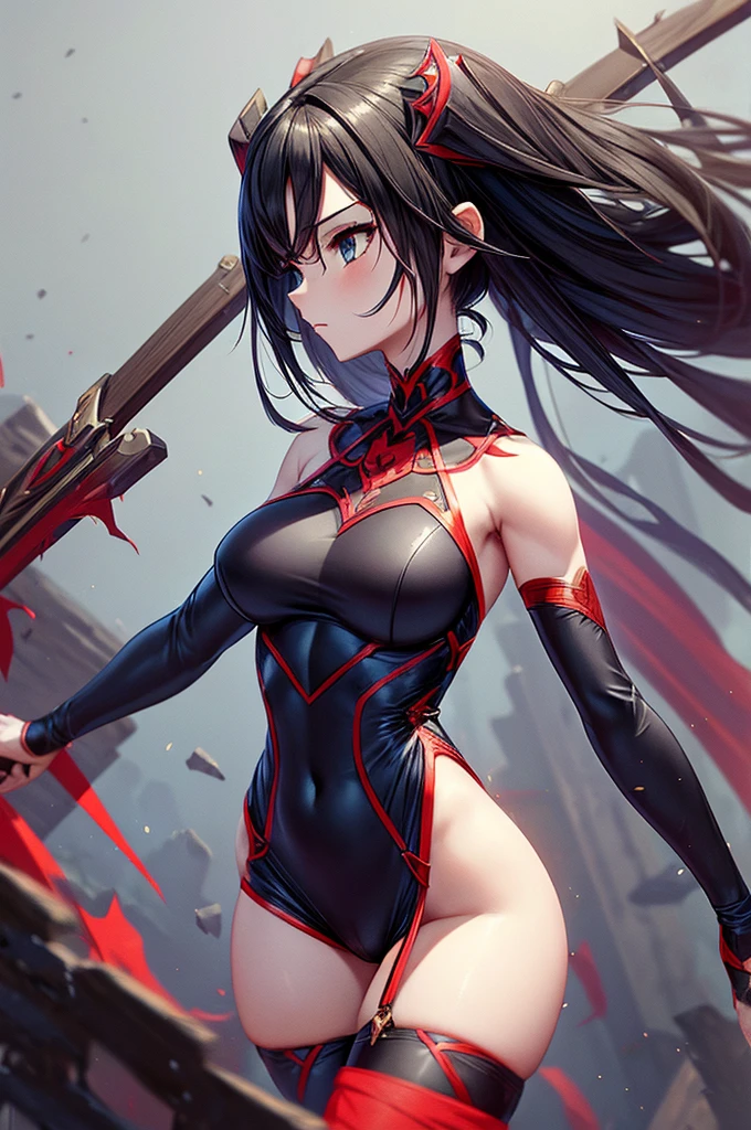 Highest quality、Highest quality、Masterpiece、girl((Age 25、as soon as、Highest Bust、Medium Bust、Wide open chest、Red glowing eyes、Black Ear、Red Mesh、Disheveled Hair、Loincloth、thin、The best valley、Open chest、Luminous Wristbands、hair ornaments、Full body view、Tank top、Black ninja costume、scar、Full body scar、Fighting Pose,Japanese sword))、high quality、Beautiful Art、background((night、Ninja World))、flight、Flying Debris、Depth of text、movie、Visual Arts、Perfect Art、8K、Genuine、
