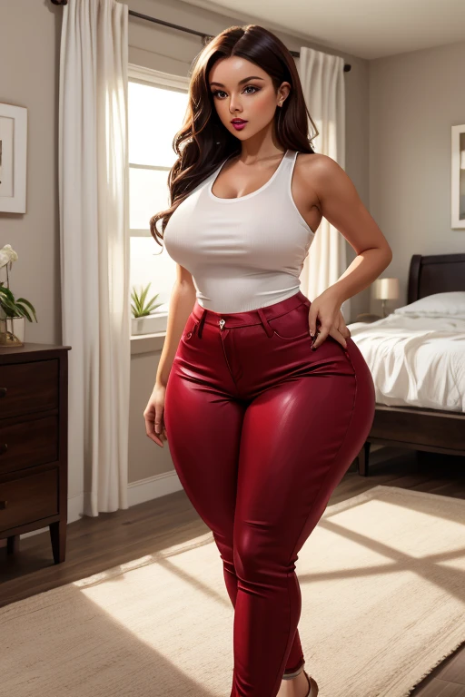 (RAW shooting, Photoreal:1.5, 8k, highest quality, masterpiece, ultra high resolution), perfect dynamic composition:1.2, Highly detailed skin and facial textures:1.2,beautiful and aesthetic:1.2, caucasian:2, standing:2, full body:2, shoes:1.2, necklace:2, Fair skin, (large breast:1.5, Chest gap:1.5),(1girl, tall, long legs, makeup:1.2, single braid, thicc tight:1, pink top:2,sleeveless:1.2,red pants:2,belt:1.2),(simple background:1),