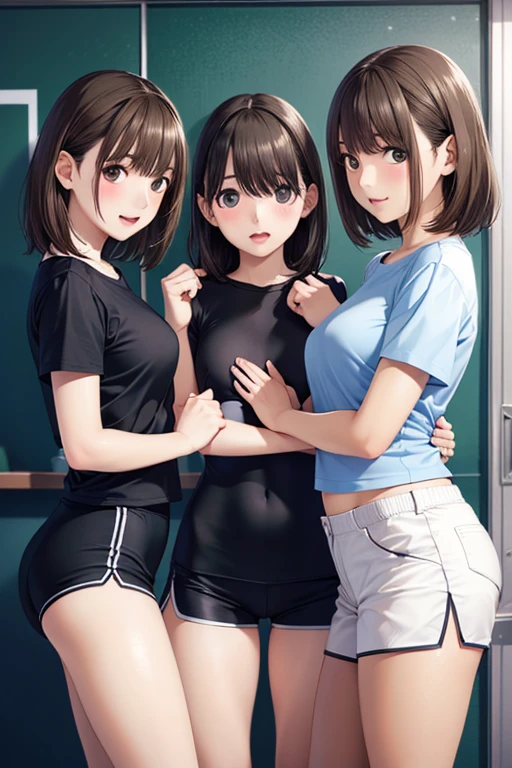 NSFW, (master piece, highest quality), three girls, She shyly hides her breasts and crotch with her hands., Bra exposed, nipples exposed, , school locker room, セクシーな白いパンティーを下ろしてfluffy pubic hairが露出, (take off your panties), fluffy pubic hair, (Change of clothes:1.8), wide angle, best lighting, best shadows, (don't look here), Chatting happily, Voyeur-style shots, low twintails, high ponytail, curl bob hair, a shy look