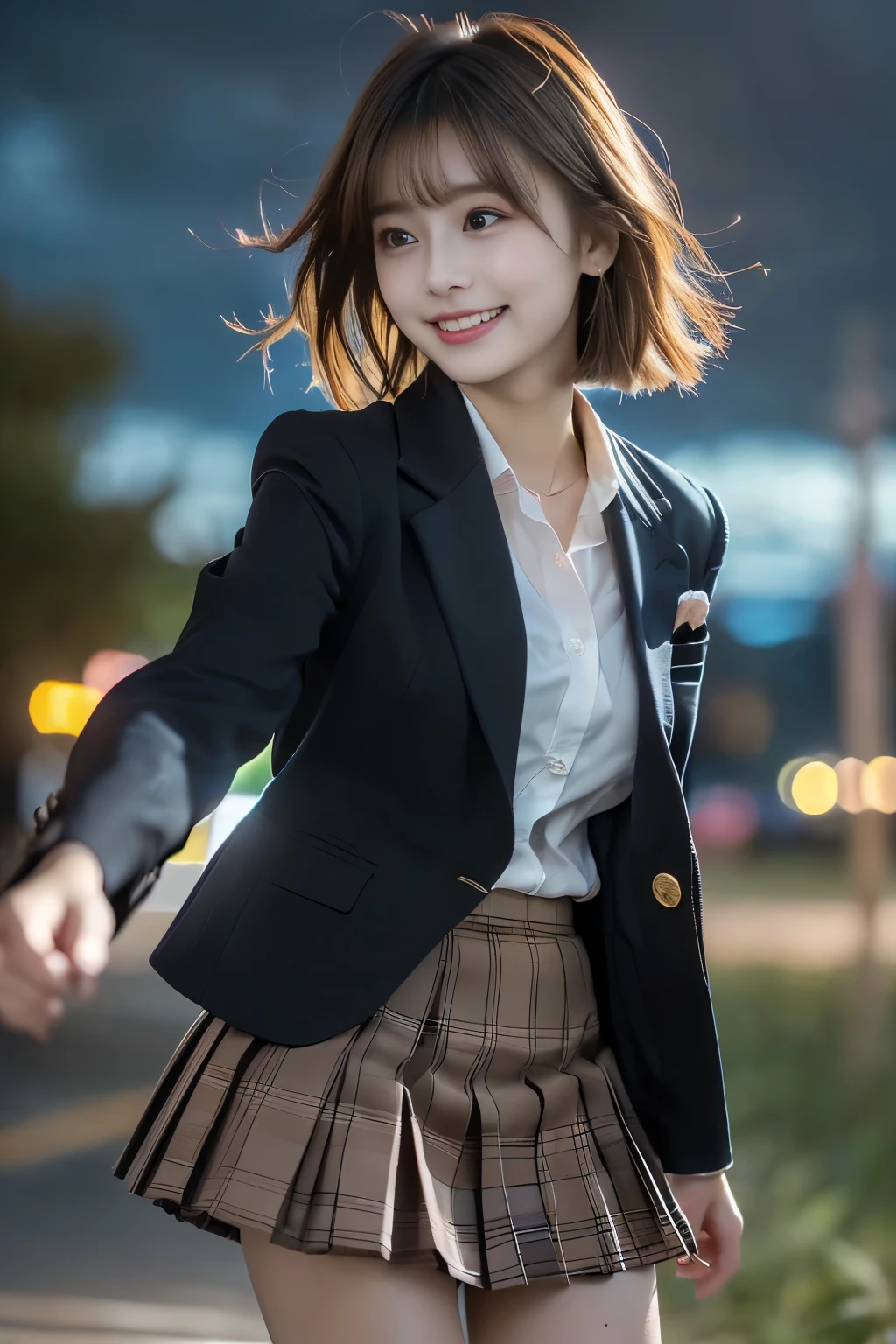 (Highest Quality、masterpiece、super quality、Super accurate 、UHD、Ultra High Definition:1.2)、(16k、photorealistic、Realistic As Pictured、 RAW photos 、f/2.8:1.4)、(Ultra Realistic Details、High Details、very detailed、Highest Qualityの影、written depth、ray tracing:1.2)、(Baby Face、fashion model、20 years old:1.uper cute face、One Nogizaka girl:1.3)、(dynamic action、full body、舞い踊る姿、Professional cinematography、low angle:1.agitales、double eyelids、beautiful, clear, dark eyes)、(natural makeup、crystal pendant for acting)、(big smile、happy:1.hort brown hair、bungs、流したbungs:1.2)、(perfect anatomy、完璧な比率、Beautifully detailed body、Beautifully detailed hands and fingers、Beautifully detailed legs、 white skin、very detailedな肌と顔の質感:1.2)、(JK shirt、 JK Plaid Pleated Skirt:1.4)、(JK Blazer Uniform、Female High School Student Uniforms:1.4)、(Prairie at night、Nighttime Nature、fantastic、Mysterious、sky full of stars:1.5)、(High school girl dancing happily、Hair blowing in the strong wind、Skirt fluttering in the strong wind:1.4)、( beautiful Korean girl 、 cinematic lighting、professional lighting)