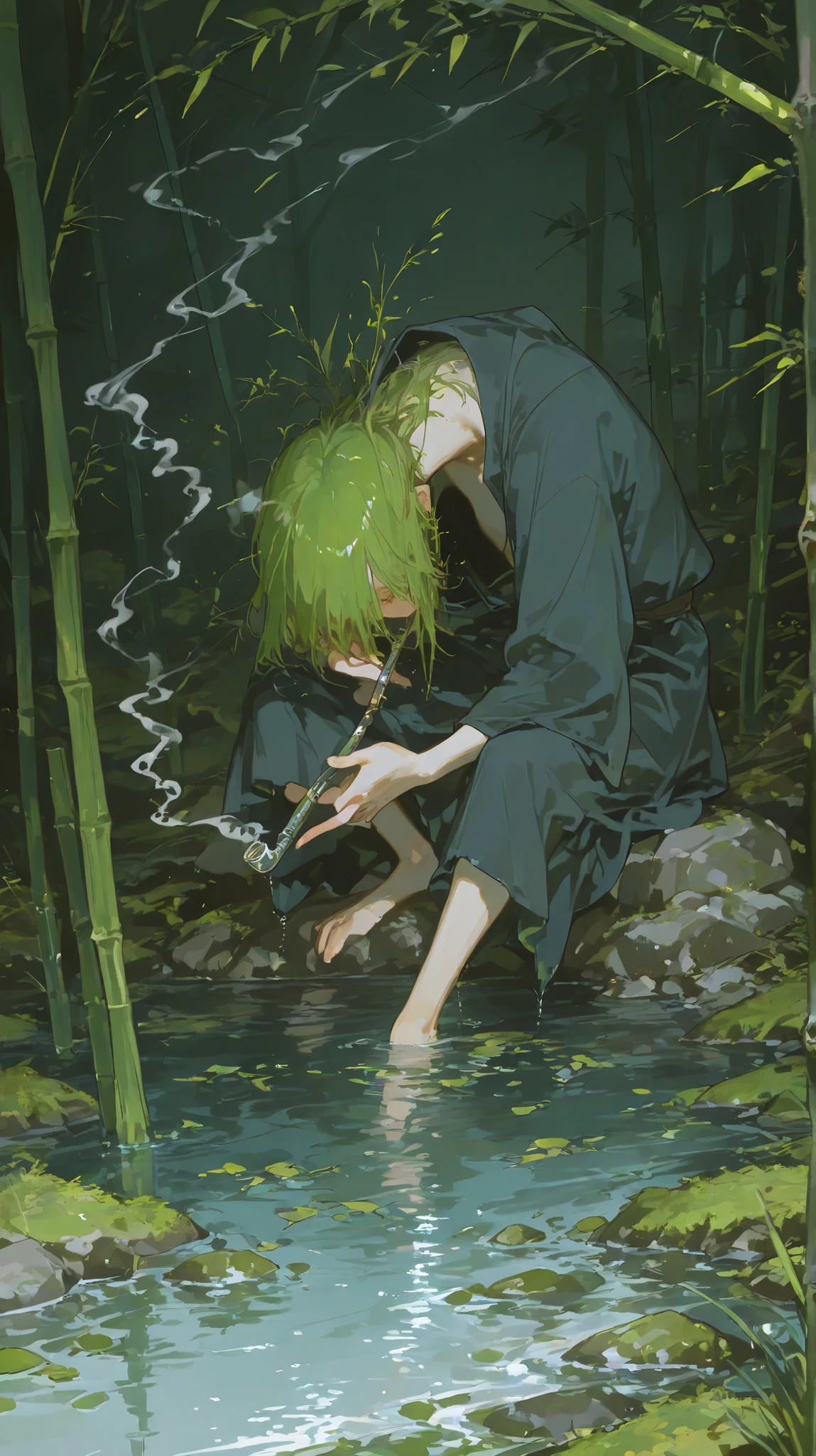 A male cultivator in ancient robes sits cross-legged on a large flat rock near a forest stream. He holds a tall, vertical bamboo smoking pipe with a water chamber at the bottom, about 80cm long and 5cm wide. The base rests firmly on the ground, and he gently leans forward to inhale from the mouthpiece near the top. He exhales thick white smoke upward into the morning light, his face calm and meditative. A sword lies across his back. Moss, old stones, and fallen leaves surround him. The scene is peaceful, mystical, with a soft mist around the forest.