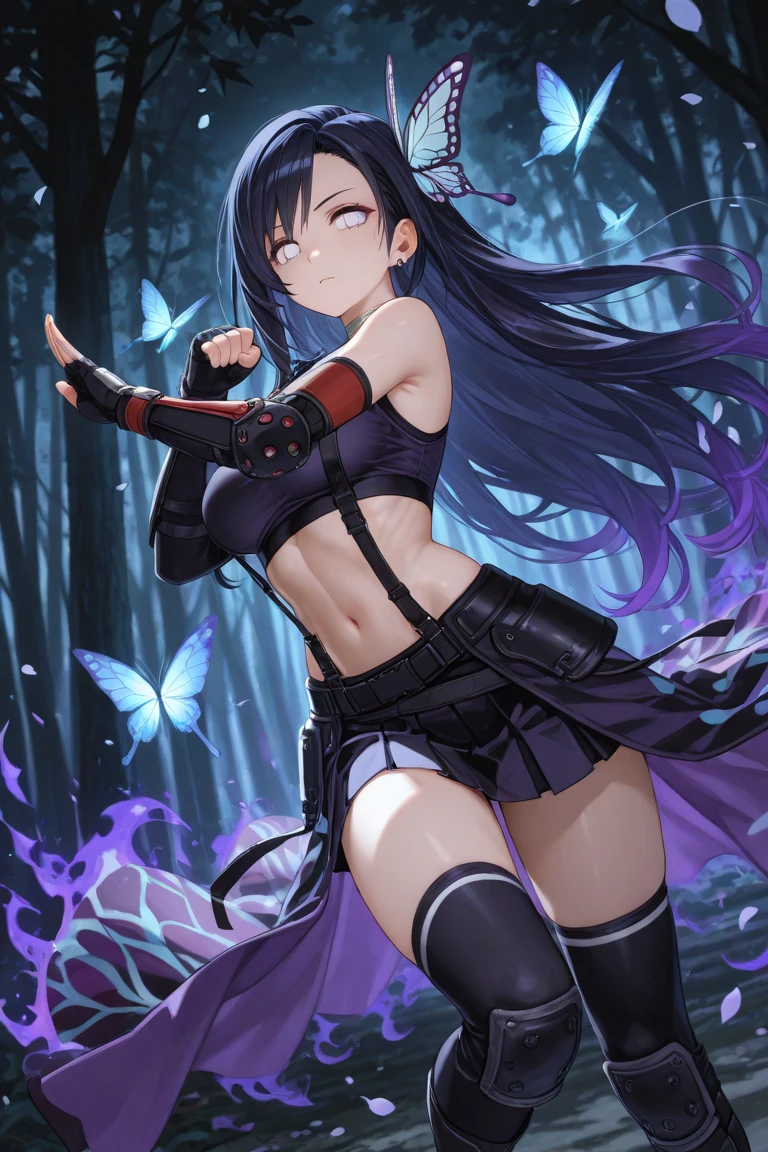 1girl, solo, really long hair, black hair, hime cut, heterochromia, purple eye, yellow eyes, slit pupils, small breasts, fishnet, black bandages, fighting stance, angry, outdoors, forest <lora:Chiyome AP XL:0.8> <lora:Hiroshi-Style-PonyXL-000020:1>, score_9, score_8_up, score_7_up, score_6_up, score_5_up, score_4_up, BREAK source_anime, masterpiece