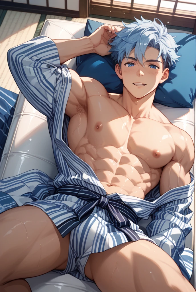 absurdres, highres, ultra detailed, HDR, master piece, Gojou Satoru, white hair with bangs, white eyelashes, expressive blue eyes, hair between the eyes, bare chest, toned chest, Jujutsu Kaisen, sexy man lying on a bed, room, bed, handsome, best quality, flowers, fantasy, magical, solo, blue shining fireflies, blue petals, handsome smile, black pants
