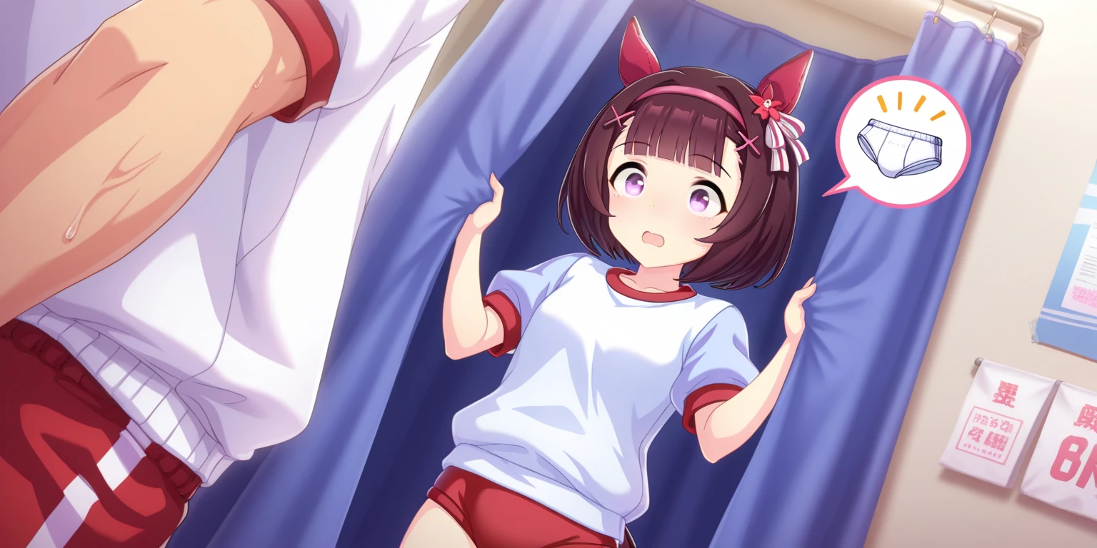 (masterpiece:1.2,high quality),8K,High resolution,A seven-year-old girl,cute girl,Hinata Hoshino,Orange red hair,short hair,Unilateral side ponytail,cat ears,(light red eyes),laughing,fang out,drooling,saliva,tears,heart ahoge,lying on the bed,White shirt,Blue and white striped panties,white stockings:1.6,Primary school students,thigh,alone,((Hand in own pantie,hand in panties,One hand in the panties))