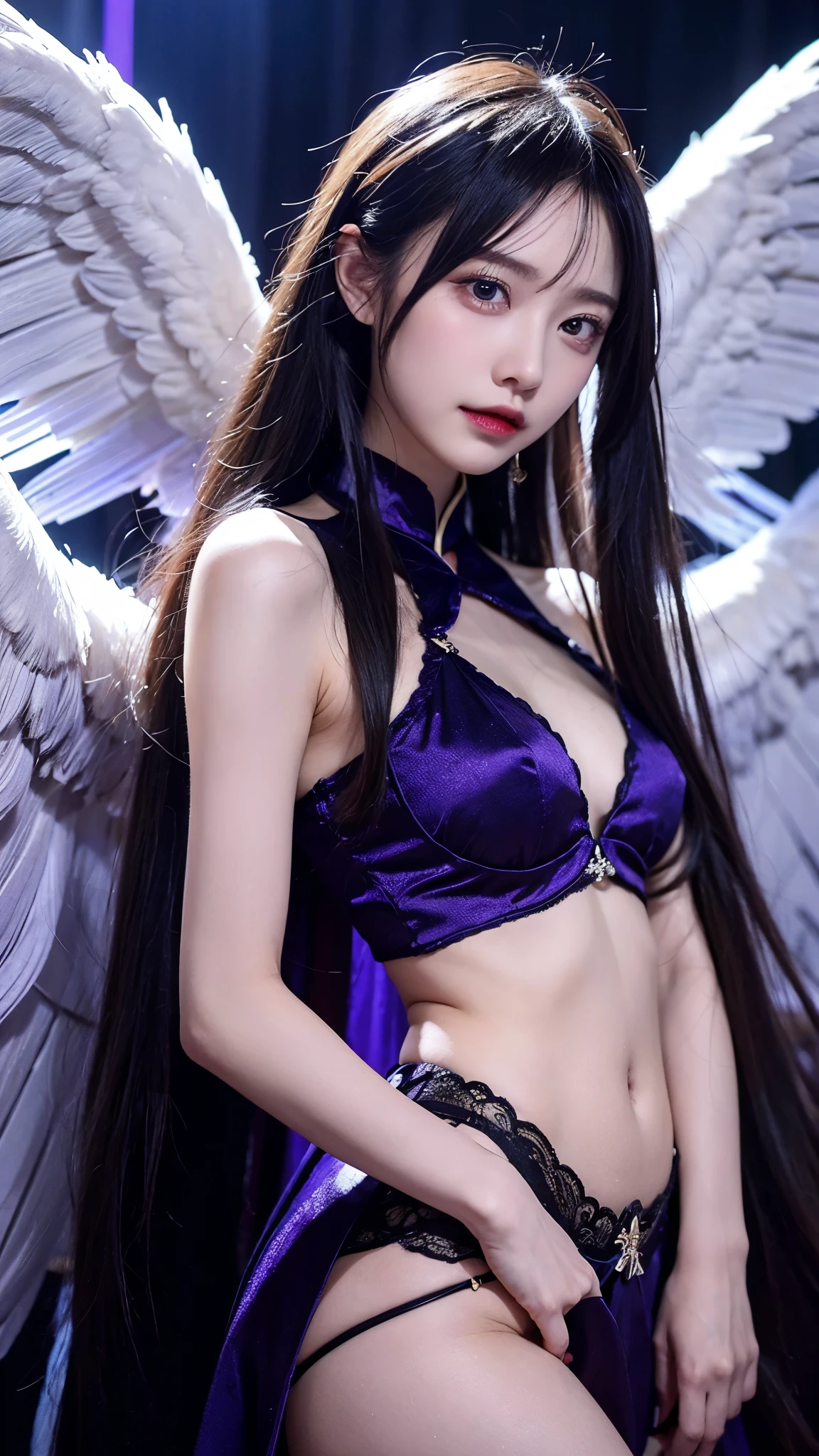 hot girl, dancer, White skin, abdomen, Bulging abdomen, Pregnant, belly button, Super huge abdomen, Giant abdomen, Focus on the abdomen, Huge abdomen, High raised abdomen, Exaggerated abdomen, Demon Wings, bikini, transparent, charming smile, 2K, CG, high quality, intricate details, Super detailed, Inside the castle, Spooky feeling, magic, Black series, Gothic, mysterious atmosphere