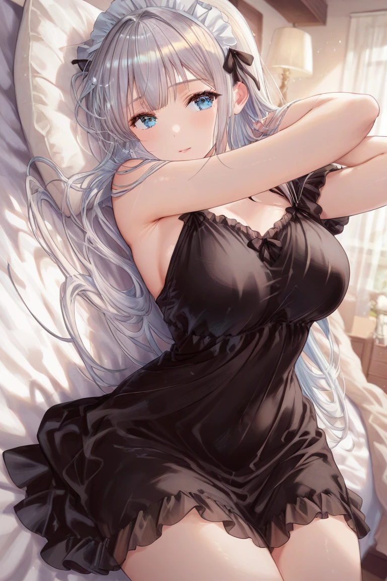 Character Details:, - Gender: 1Girl.
- Style: Anime, - Body Type: Attractive body, nice body, nice legs, slim tights, nice arms, nice shoulders. - Breast: (Cleavage, Breast:1.2)- Facial Feature: Beautiful, Gorgeous, Teenager, Fresh, Young.
- Expression: Small smile, shy Look, (blue pink gradient eyes). - Hairstyle: Blunt Bangs. - Hair Color: (White Grey Hair:1.5), (Straight and Wavy Long Hair:1.3),
- Clothing: (cardigan shirt). - Body Pose: (lying, sleep on bed:1.3) (hands up). - Behaviour: Waiting, Want Something, Secretly.
- Accessories: Earrings, Thin Black Headband, Green Accessories, Environmental Details:, - Setting: Bed Room., - Lighting: Natural Light., - Decoration: Modern Bed, Chair, Window, White Curtain, City View. Top view. pov, anime style, UHD, retina, masterpiece, accurate, anatomically correct, textured skin.