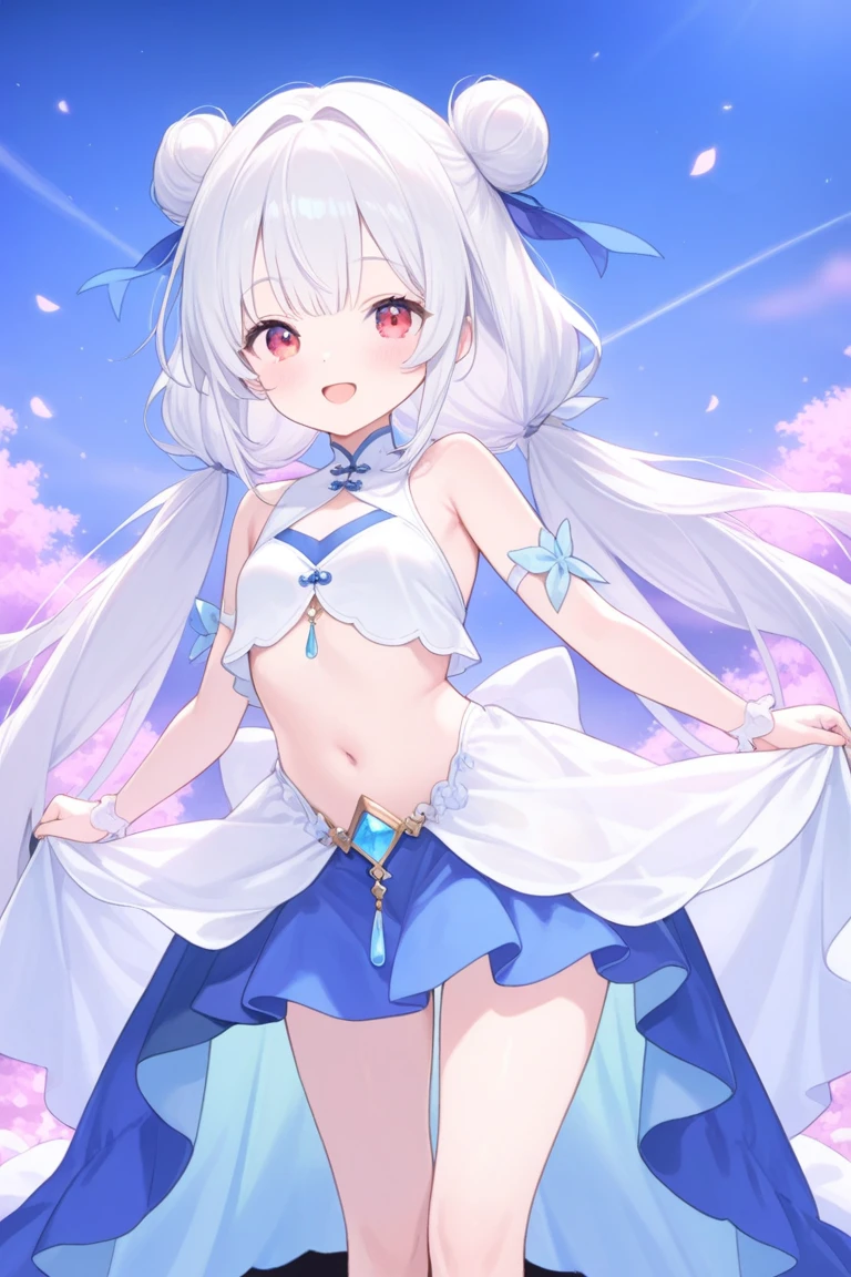 beautiful illustrations, highest quality, pretty girl,beautiful girl、clear face、 half girl、pastel colour 、blush、perfect hands、five fingers、fantasy、fantasy、thighs、(perfect face:1.1), (high detail:1.1)、smile、simple swimwear、white bikini、ponytail