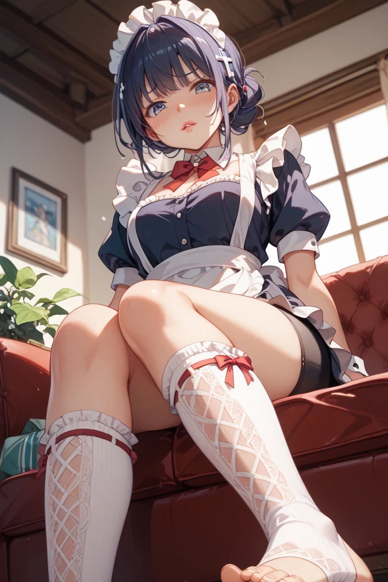 {{{masterpiece}}}, {{{best quality}}}, {{ultra-detailed}}, {illustration}, {{an extremely delicate and beautiful}}, Yozakura (senran kagura), One Girl, chest, Blue Hair, alone, short hair, underwear, flower, hair ornaments, blue eyes, heart-shaped eyes, huge breasts, muscular, maid, pantyhose, humid, steam, sweat , rest, Bedroom, sitting, foot up, perspired from below, showing her soles, showcasing the soles of her feet, soles in stockings, lower angle, extremely lower angle, focus on feet, focus on soles, Looking down at the viewer, Wicked Smile, blush, Mischievous face, Anatomically correct,