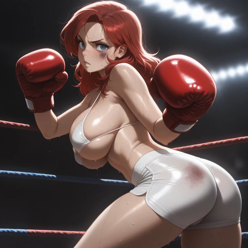 Wilma Flintstone, exposed big tits, exposed big ass, thick juicy thighs, tight tiny mini skirt, tight pushup bra, boxing gloves, flirty naughty posing. 35 years of age