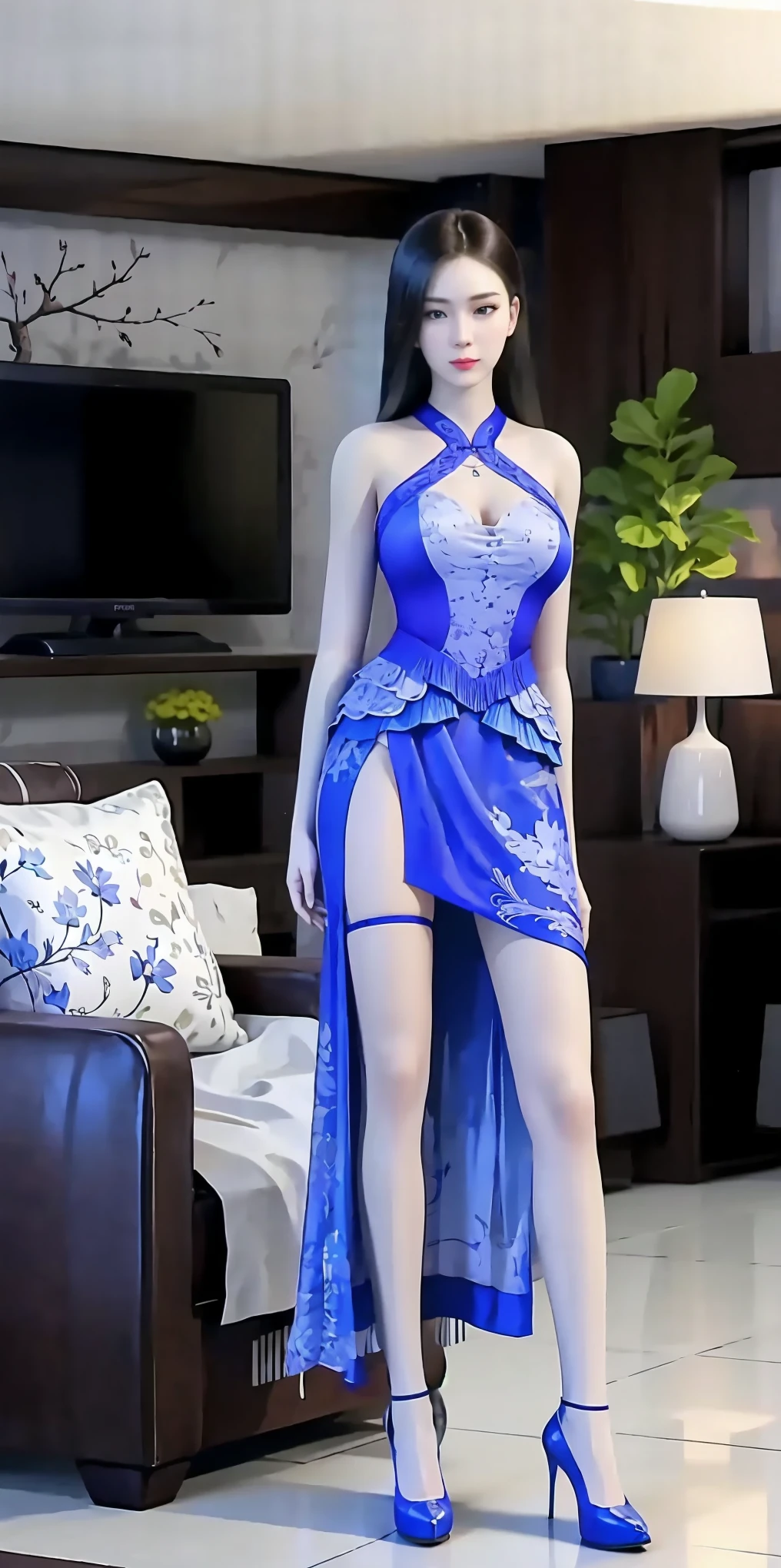 (Blue lace slit cheongsam), (A 20-year-old female,Permanent), (Surrealism), (high-definition), ((long hair:0.5)), (smooth black hair), (gentle smile), (shut your mouth)