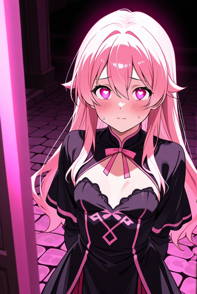 Masterpiece, highres, best quality, Keera, 1girl, pink hair, hair spread out, hair between eyes, very long hair, bowtie, parted lips, pointy ear, purple eyes, sleeves past wrists, black sleeves, black shorts, belt, detached sleeves, ahoge, heart necklace, navel, looking at viewer, (pov dating), coffe mug, window, night, steam,  blush,