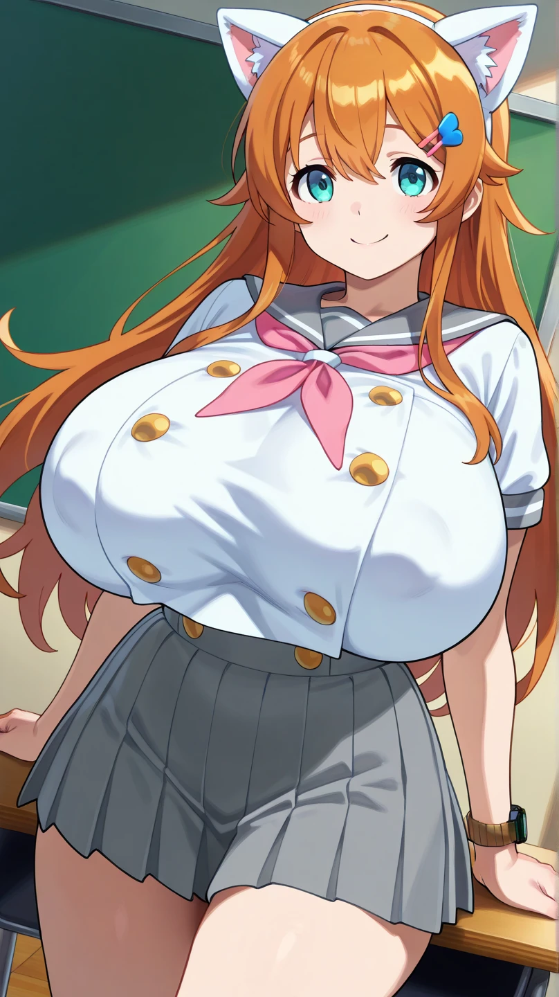 inoue orihime, inoue orihime, Long hair, Orange hair, (Brown eyes:1.5), Take off your uniform, Blazer, bow ribbon, Neck ribbon, Bow, bowtie, Red bow, grey blazer, grey skirt, looking at the viewers, BREAK (masutepiece:1.2), Best Quality, High resolution, Unity 8k wallpaper, (Illustration:0.8), (Beautiful detailed eyes:1.6), extra detailed face, Perfect Lighting, extremely details CG, (Perfect hands, Perfect ???????),Smile with open mouthplein air、outside of house、(huge-breasted:1.3), (big breasts:1.3)、(Naughty thighs:1.3)、plein air、blue-sky, shiny oily skin with high contrast,, huge long breasts,