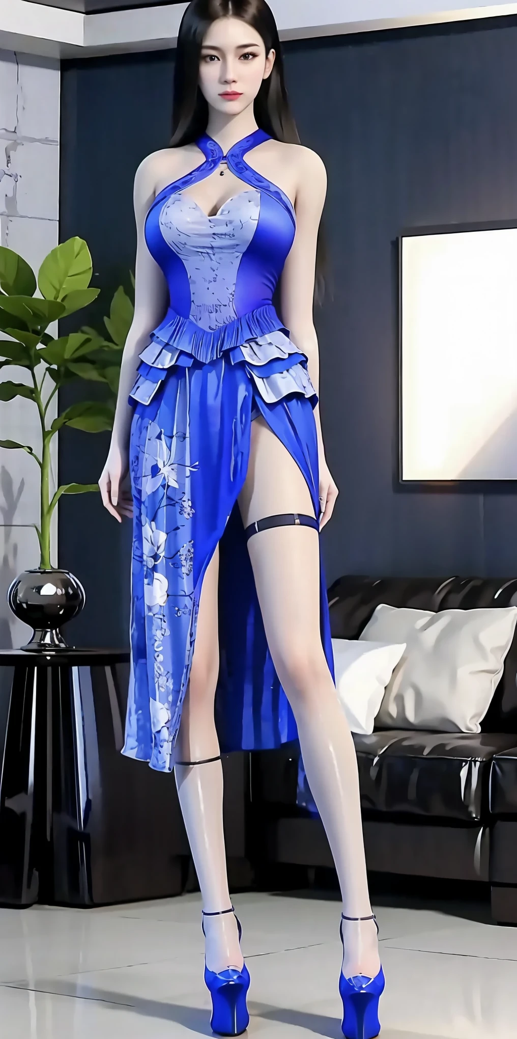 Girl in blue open cheongsam top, posing for photo, full body portrait, bra, slim figure, slender long legs, smaller bust, slim girl model, 24 years old female model, white high heels, standing posture, indoors,