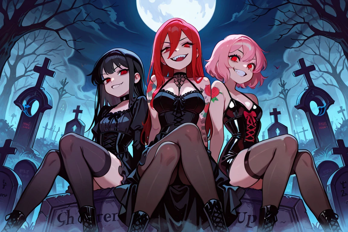 create an image where a vampire woman is, de pelo negro y ojos rojos con un paraguas para protegerse del sol con estilo de dibujo del anime de one punch man, ademas que lleva tacones altos y medias largas negras