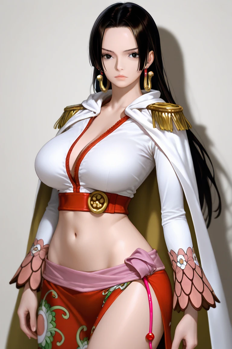 (masterpiece, best quality:1.2), cowboy shot, solo, 1girl, boa hancock, smile, looking at viewer, hand on hip, cape, epaulettes, cleavage, jewelry, earrings, midriff,NSFW,official art,extremely detailed CG unity 8k wallpaper, perfect lighting, (masterpiece:1.0),(best_quality:1.0), ultra high res,4K,ultra-detailed, photography, 8K, HDR, highres, absurdres:1.2, Kodak portra 400, film grain, blurry background, bokeh:1.2, lens flare, (vibrant_color:1.2),(beautiful_face:1.5),(narrow_waist),(perfect hands, perfect ???????),