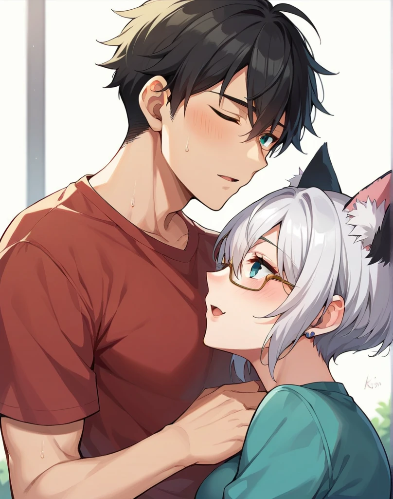 I have white pink hair, cat ears, a bun, my face is super blushing, black glasses, pink heart eyes and you are naked, a cat tail, a very shy Christian girl, making love in a hotel bed. The girl is on top of him while he is hanging inside her vagina