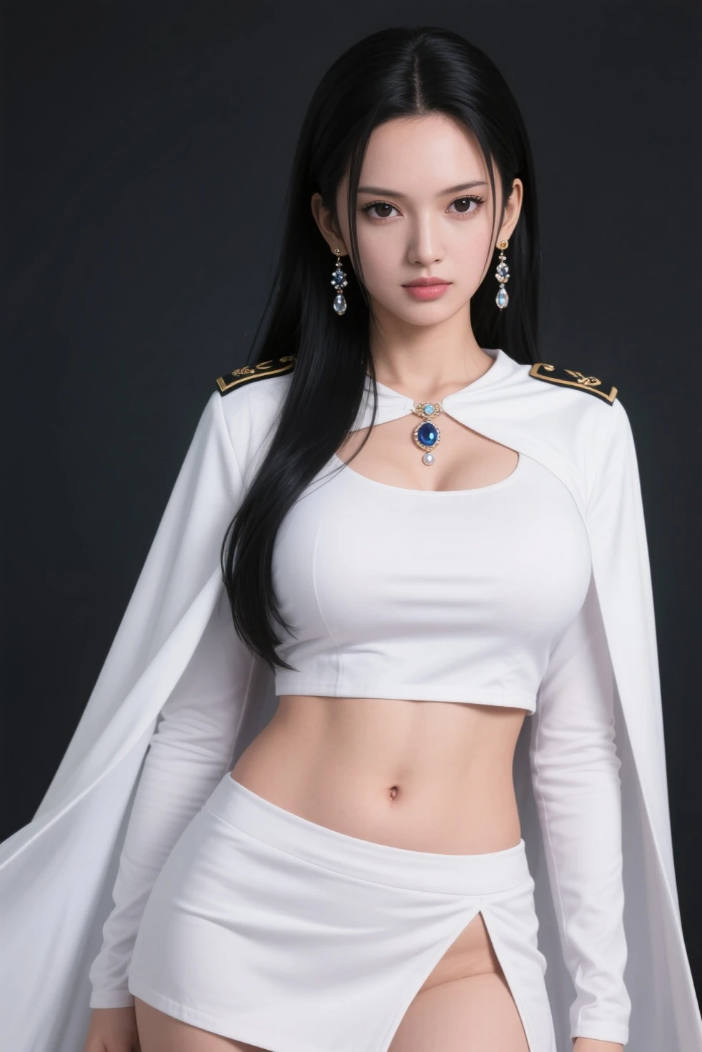 "Top CG, highest quality, smile, delicate and delicate beautiful girl, imperial pope, {{185cm big beauty}}, (tall), royal sister, military lady temperament, holy pope, fair skin, exposed chest, long legs, perfect facial features, bright eyes, officer hat, red lips, beautiful and cold, {{big breasts}}, beautiful and handsome, long blue hair, officer epaulettes, see-through visible skin, {{girl in red army coat}}, super detailed, { Blue lines on clothes}, delicate glowing eyes, crop top, white and blue leather clothing, tight leather clothing, 4K picture quality, urban beauty, modern urban, realistic portrait,