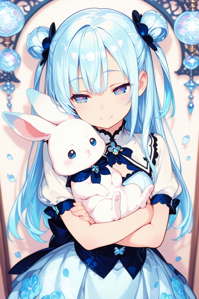 (masterpiece),(Highest Quality:1.2),beautifully detailed blue eyes hugging a rabbit,(beautiful silky pastel blue hair:1.2),((Blue and White Outfit)), disappointed ,has a smiling face,pastel, The delicate pastel blue blends into the intricate pattern,background is soft and blurry,Pastel blue petals are soft, Magical color and atmosphere,Fantasy Chic,cute,Official Art