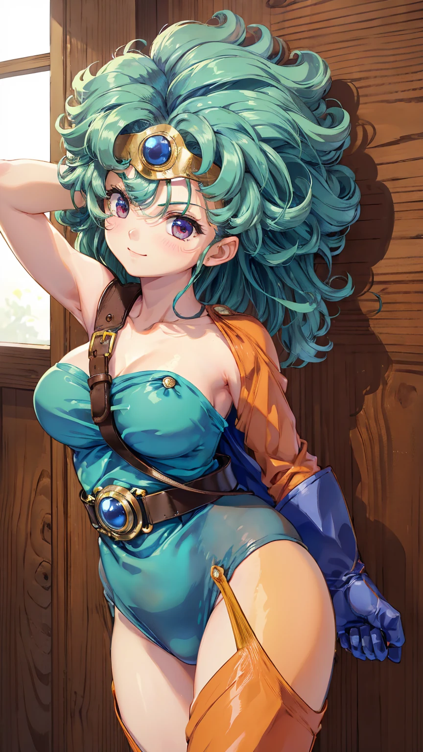(masterpiece, best quality:1.1), (sheathed weapon on back:1.2), broken (dq3), 1girl, 独奏, short hair, brown hair, Blue eyes, circlet, large breasts, cleavage, strapless, blue dress, purple cape, thighhighs, elbow gloves, boots, belt, scabbard,, knee boots, simple background, (((Colorful)))、Bright、Accurate depiction of every detail、Noise is kept to a minimum、photograph、Clasp your hands in front of you