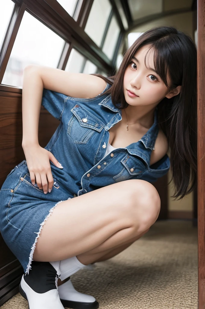 1 girl、realistic skin texture、Beautiful long hair down to the waist、hair behind ears、moist and beautiful hair、((bright smile))、stare(cleavage looks bigger)(erotic 15 year old girl、small face、very beautiful face、natural makeup)(fair skin)(Glitter eyes)Smooth skin、Realistic texture of the skin(((denim dress、Extremely mini length)) ((interior、高級ホテルのBedroom))、Bedroom、futon、、Lie、futonでsleep、Posture with head on pillow、eyes are open、beautiful armpits、round beautiful breasts、beautiful cleavage、thin waist、constriction、big ass、thin thighs、Movie Writing、reflex board、Bold and erotic pose、exciting and sensual poses、sexy、legs spread((Beautiful thighs exposed))((((Clear eyes、sleep:1))))(((((Above、Full body shot showing ankles)))))