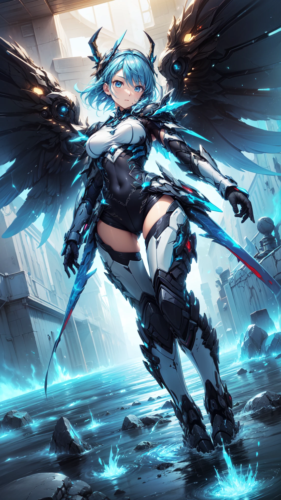 ((celluloid)),The background is a war-torn battlefield,破碎的Mecha组成的废墟,Mecha musume,a woman in a futuristic outfit is floating in the air and sword in her hand and sky and clouds and blue background with white clouds and blue and orange lines and white,and,Joseph Stella,Mecha,portrait,Rayonism,