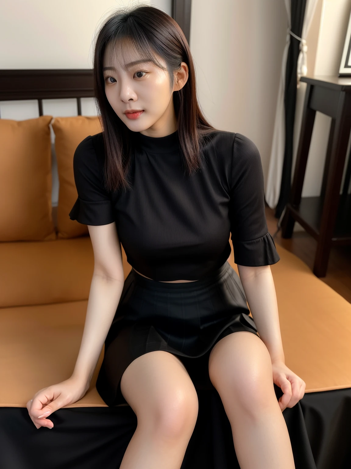 (High Definition), One Female, Japan Person, Cute, Black Hair Short, wearing Solid Frill Trim Tee & Mesh Paneling Summer Midi Skirt, see-through for Female, Straddling on a chair, by window at large Coffee & Sweets room, Cup of coffee on a table, Natural Light,