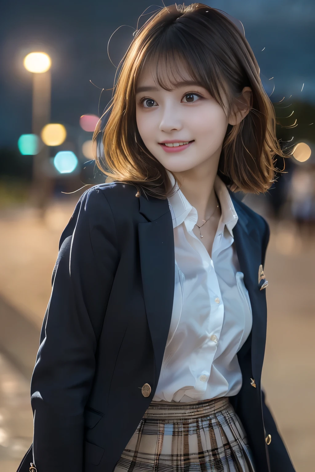 (Highest Quality、masterpiece、super quality、Super accurate 、UHD、Ultra High Definition:1.2)、(16k、photorealistic、Realistic As Pictured、 RAW photos 、f/2.8:1.4)、(Ultra Realistic Details、High Details、very detailed、Highest Qualityの影、written depth、ray tracing:1.2)、(Baby Face、fashion model、20 years old:1.uper cute face、One Nogizaka girl:1.3)、(dynamic action、full body、舞い踊る姿、Professional cinematography、low angle:1.agitales、double eyelids、beautiful, clear, dark eyes)、(natural makeup、crystal pendant for acting)、(big smile、happy:1.hort brown hair、bungs、流したbungs:1.2)、(perfect anatomy、完璧な比率、Beautifully detailed body、Beautifully detailed hands and fingers、Beautifully detailed legs、 white skin、very detailedな肌と顔の質感:1.2)、(JK shirt、 JK Plaid Pleated Skirt:1.4)、(JK Blazer Uniform、Female High School Student Uniforms:1.4)、(Prairie at night、Nighttime Nature、fantastic、Mysterious、sky full of stars:1.5)、(High school girl dancing happily、Hair blowing in the strong wind、Skirt fluttering in the strong wind:1.4)、( beautiful Korean girl 、 cinematic lighting、professional lighting)