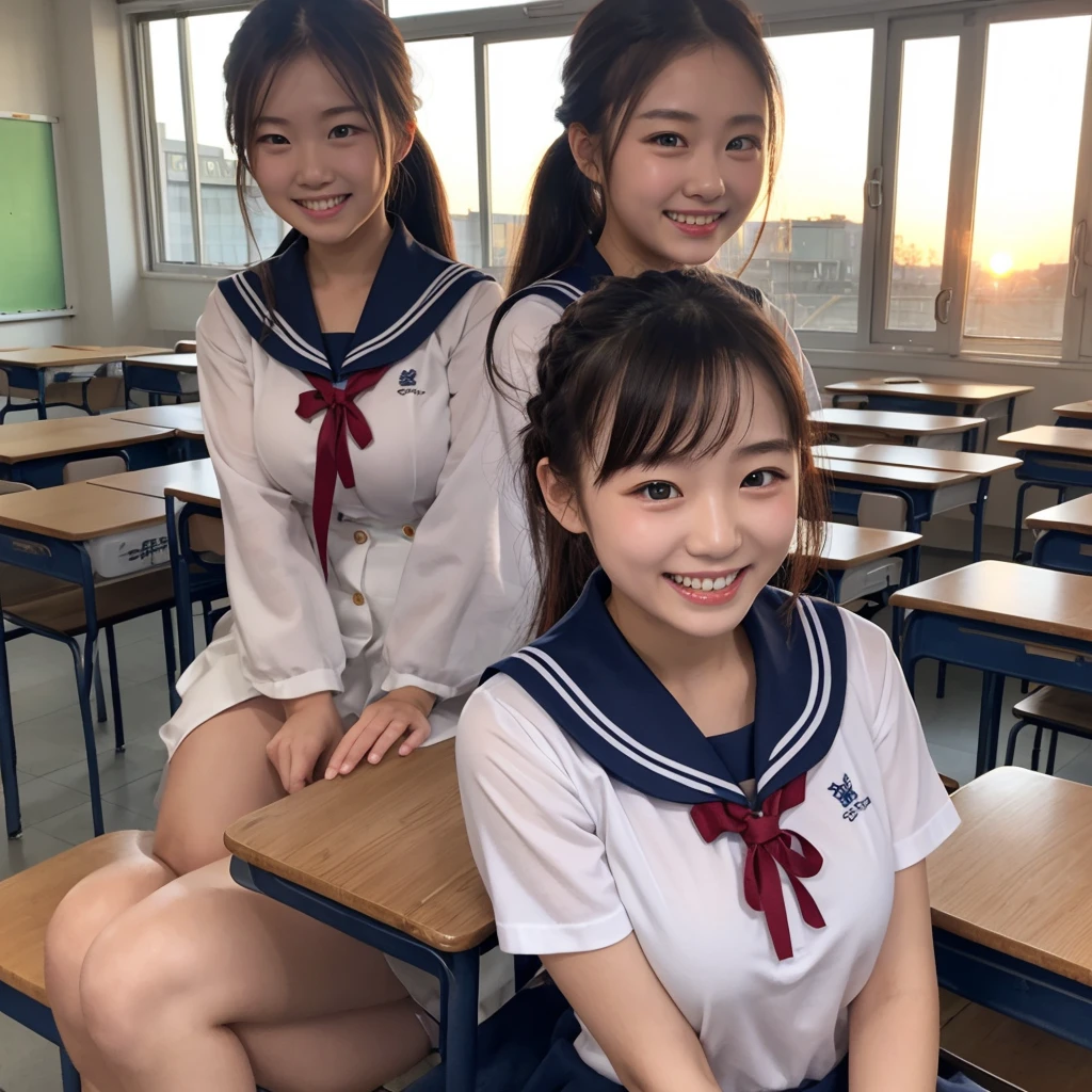 ((Highest quality、Tabletop、、Best image quality))、(Three high school girls standing side by side:1.5)、((leotard))、The happiest smile、The best smile、Smiling with teeth showing、Look at me、(Wavy Hair)、The background is a school classroom、lipstick、Perfect Makeup、Accentuate your body lines、Cleavage、(Accurate anatomy:1.3)、(Perfect Hair:1.2)、