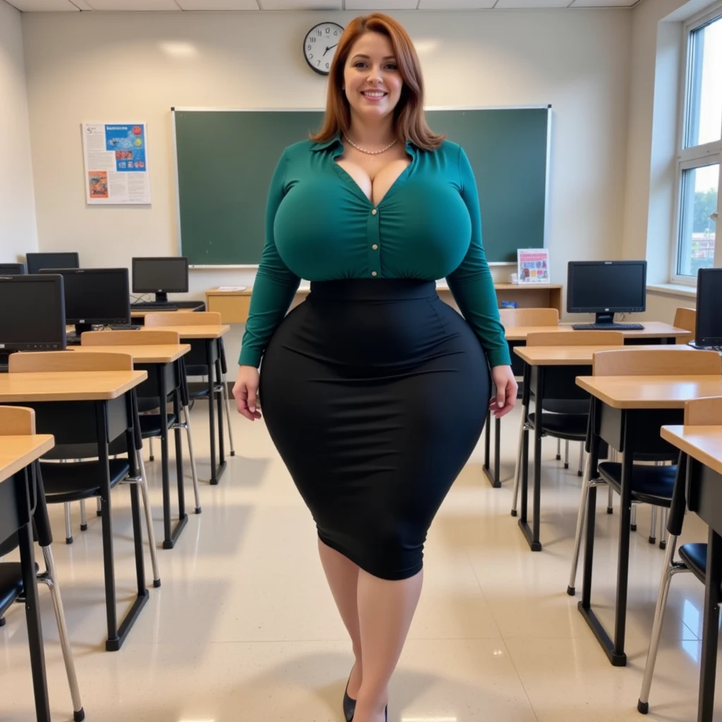 Teacher in front of a blackboard in a tight yellow sundress that strains against her curves. her thighs are thick and muscular and strain the fabric of her sundress. Her massive bust stretches the top seductively. She has bright red orange hair. Beautiful redhead with freckles. Her bust is positively gigantic and her ass is round and tight. she has a very thin waistline. She looks upset with the viewer, her breasts get bigger and bigger, (wet dress) (trance)