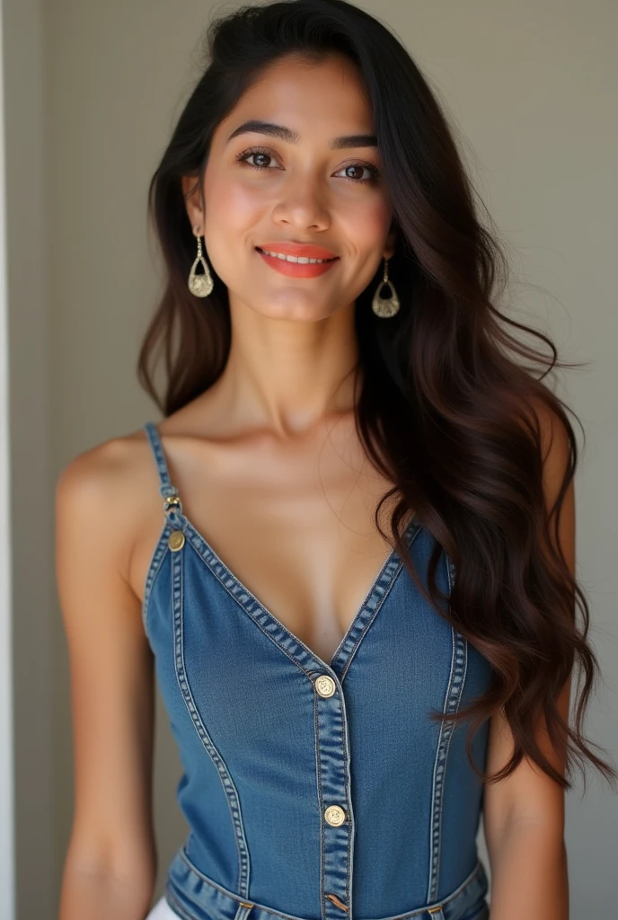 image of a girl in dubai realistic image of a 13 year old girl, solo, long black hair, big breasts, looking at viewer, blonde hair, bare shoulders, black eyes, jewelry, full body, necklace, off shoulder, short blue blouse, lips, realistic, nose, flirting with camera, masterpies, smiling face with dimple
