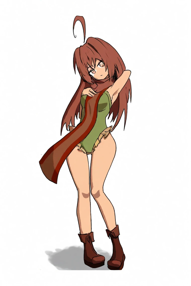masterpiece, best quality, highly detailed, 8k, (pure grey background:1.2), anime, (2D:1.1), (1girl:1.2), 30-year-old queen, (athletic body:1.2), abs, (muscular:1.2), beautiful face, shining eyes, (long legs:1.2), red hair, , wearing green stockings, wearing green thigh boots with high heels, slender waist, tight butts, coolening mouth, korean idol, (full-body image:1.2), (showing off her body:1.2)