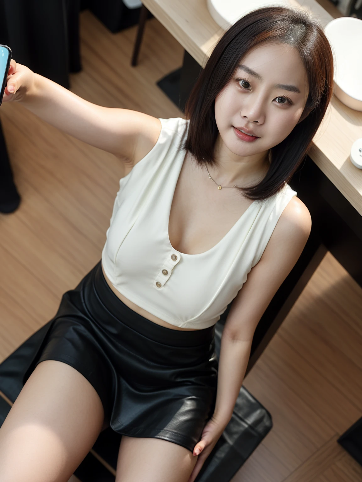One woman, beautiful woman, various poses, warehouse, sitting on a chair with legs open, conference room, putting hands inside skirt, armpits visible, short clothes, no bra, floral camisole, short bob, brown hair, brown eyes, black leather miniskirt, serious face, small bust, light lighting