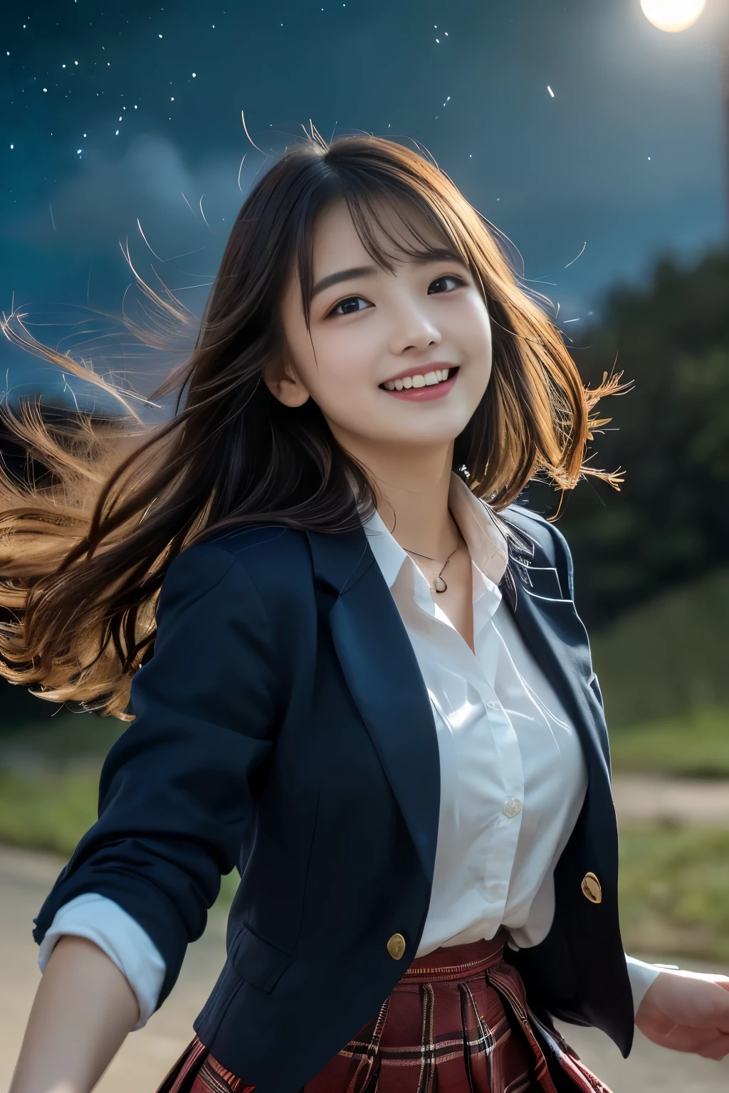 (Highest Quality、masterpiece、super quality、Super accurate 、UHD、Ultra High Definition:1.2)、(16k、photorealistic、Realistic As Pictured、 RAW photos 、f/2.8:1.4)、(Ultra Realistic Details、High Details、very detailed、Highest Qualityの影、written depth、ray tracing:1.2)、(Baby Face、fashion model、20 years old:1.uper cute face、One Nogizaka girl:1.3)、(dynamic action、full body、舞い踊る姿、Professional cinematography、low angle:1.agitales、double eyelids、beautiful, clear, dark eyes)、(natural makeup、crystal pendant for acting)、(big smile、happy:1.hort brown hair、bungs、流したbungs:1.2)、(perfect anatomy、完璧な比率、Beautifully detailed body、Beautifully detailed hands and fingers、Beautifully detailed legs、 white skin、very detailedな肌と顔の質感:1.2)、(JK shirt、 JK Plaid Pleated Skirt:1.4)、(JK Blazer Uniform、Female High School Student Uniforms:1.4)、(Prairie at night、Nighttime Nature、fantastic、Mysterious、sky full of stars:1.5)、(High school girl dancing happily、Hair blowing in the strong wind、Skirt fluttering in the strong wind:1.4)、( beautiful Korean girl 、 cinematic lighting、professional lighting)