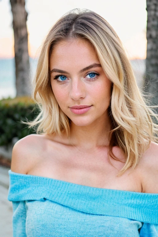 beautiful blonde wearing sexy outfit (sipping coffee inside a modern café at sunset), very detailed, 21 years old, innocent face, natural wavy hair, blue eyes, high resolution, masterpiece, best quality, intricate details, highly detailed, sharp focus, detailed skin, realistic skin texture, texture, detailed eyes, professional, 4k, charming smile, shot on Canon, 85mm, shallow depth of field,  kodak vision color, perfect fit body, extremely detailed, foto_\(ultra\), photorealistic, realistic, post-processing, maximum detail, roughness, real life, ultra realistic, photorealism, photography, 8k uhd, photography