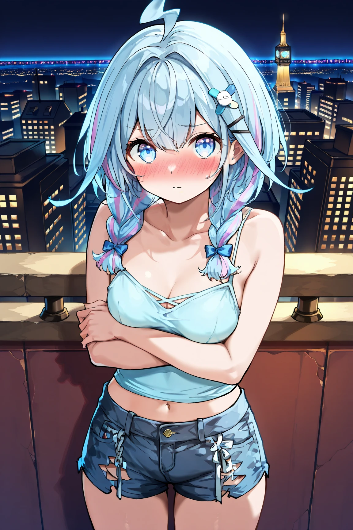 (8k, best quality, master piece: 1.2),super high resolution,1 girl, solo, colorshift eyes, hyperdetailed, expressive eyes, ultra-detailed face, ass pov, punk rock style、Random hairstyle、Random hair color、Midnight、Out of the window、starry skies, Collarbone, Ecstatic expression, cleavage,wariza, cowboy shot