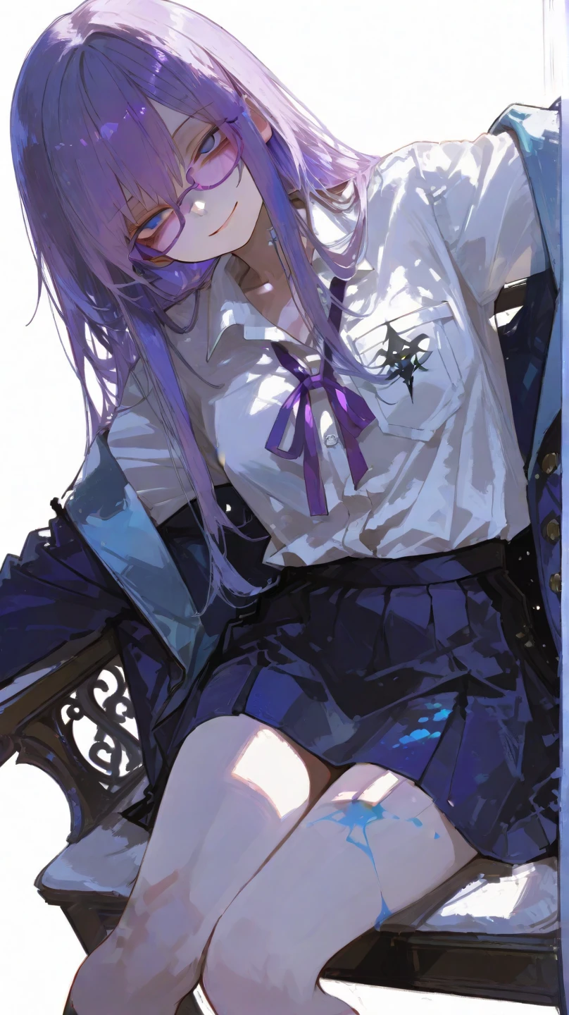 NSFW,Cool beautiful backgrounds,((masterpiece、top-quality))、(illustratio)、(Detail light)、((extremely delicate and beautiful))、1girl in、Mejiro McQueen、Mejiro McQueen(Racing Wear)、Mejiro_mcqueen_\(Umamusume\)、horse ear、Horse Girl、length hair、purple color hair、a purple eye、Bright pupils、green bow、a black skirt、The shirt、jaket、blue legwear、knee high、long boots、long-sleeve、frilld、Black_Footwear