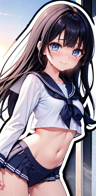 This is the wind、high school girl、The length of the uniform hides the navel、The uniform jacket is properly worn、A flat drawing with the face and whole body facing straight ahead、It has two white cow horns on its head.、smile、Sailor suit、Draw the whole body、Bend your elbows and raise your arms up and to the sides, next to your head、Hair color is black、Bob hairstyle、Big eyes、The eyeball is black and white、Thicker eyebrows、The skirt is knee-length、2dimension、Draw all the horns too、Be sure to cover your belly button.