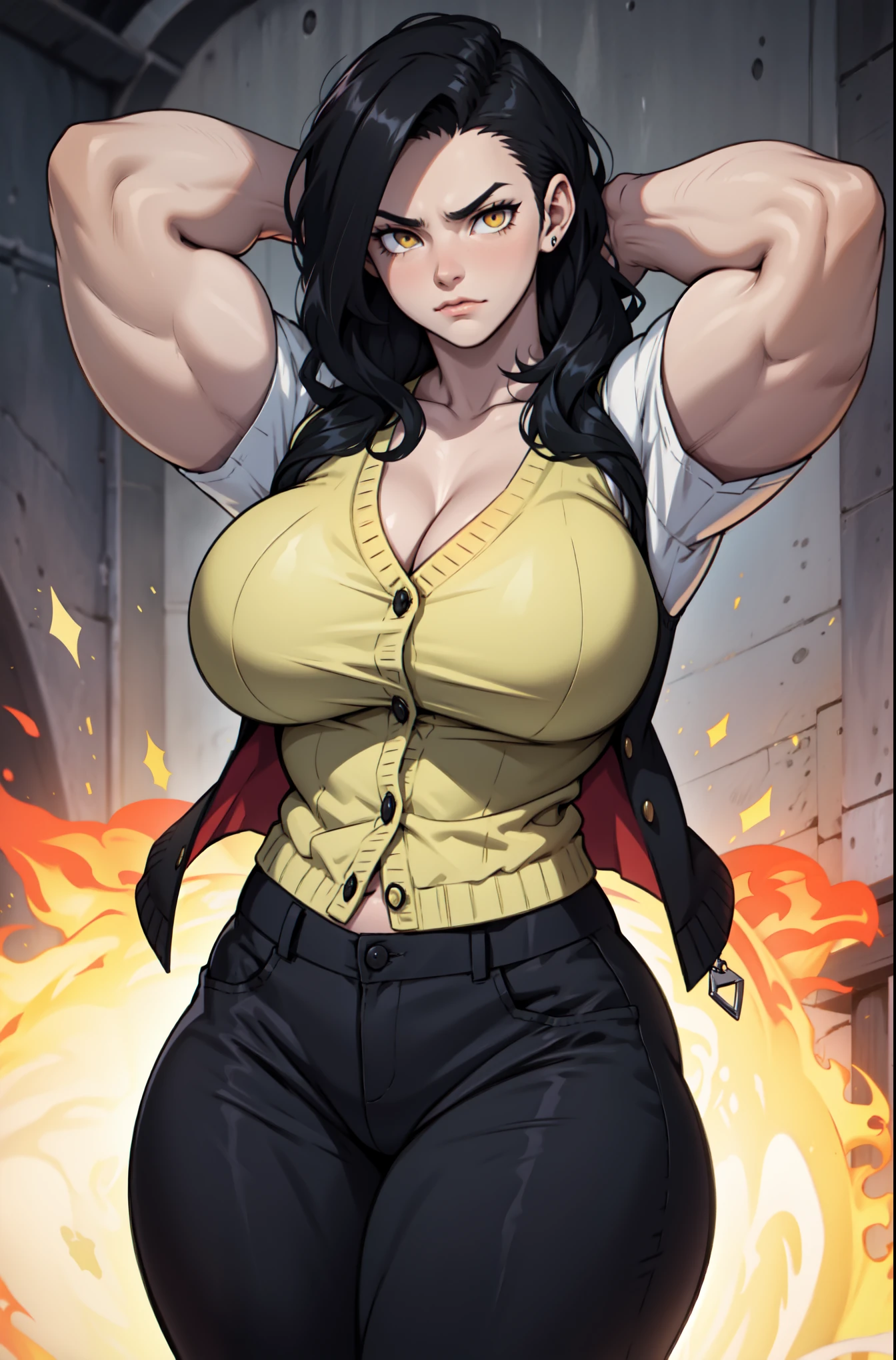 (((((muscular))))), (((thick thighs, massive breasts chest, toned body, 1 girl))), black hair, pale skin, yellow eyes, angry, very long hair, ((waistup)) tight shirt tight pants