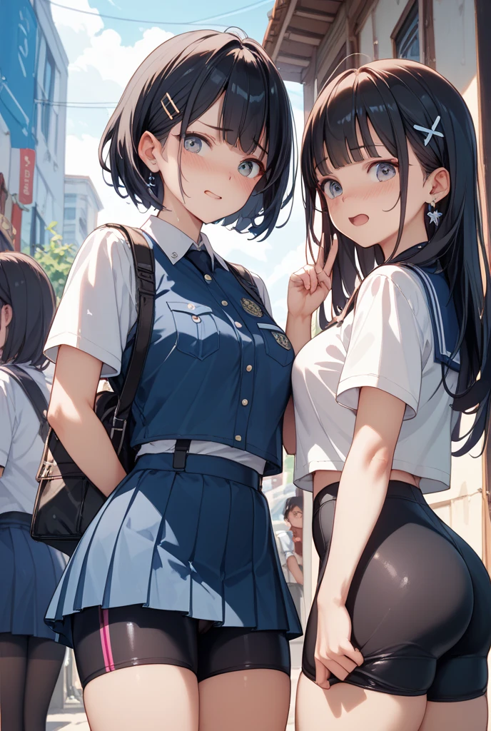 eautiful gorgeous girl black uniform with mini skirt white stockings with blue black hair blue eyes in japanese street akihabara swastika