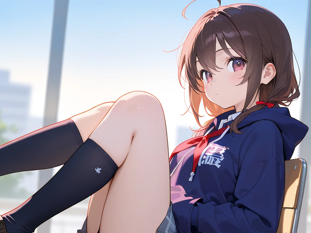 Red hair, dark skin, soccer club, school uniform, shorts, red eyes, tsundere, short cut hair, soccer socks, long sleeve sportswear