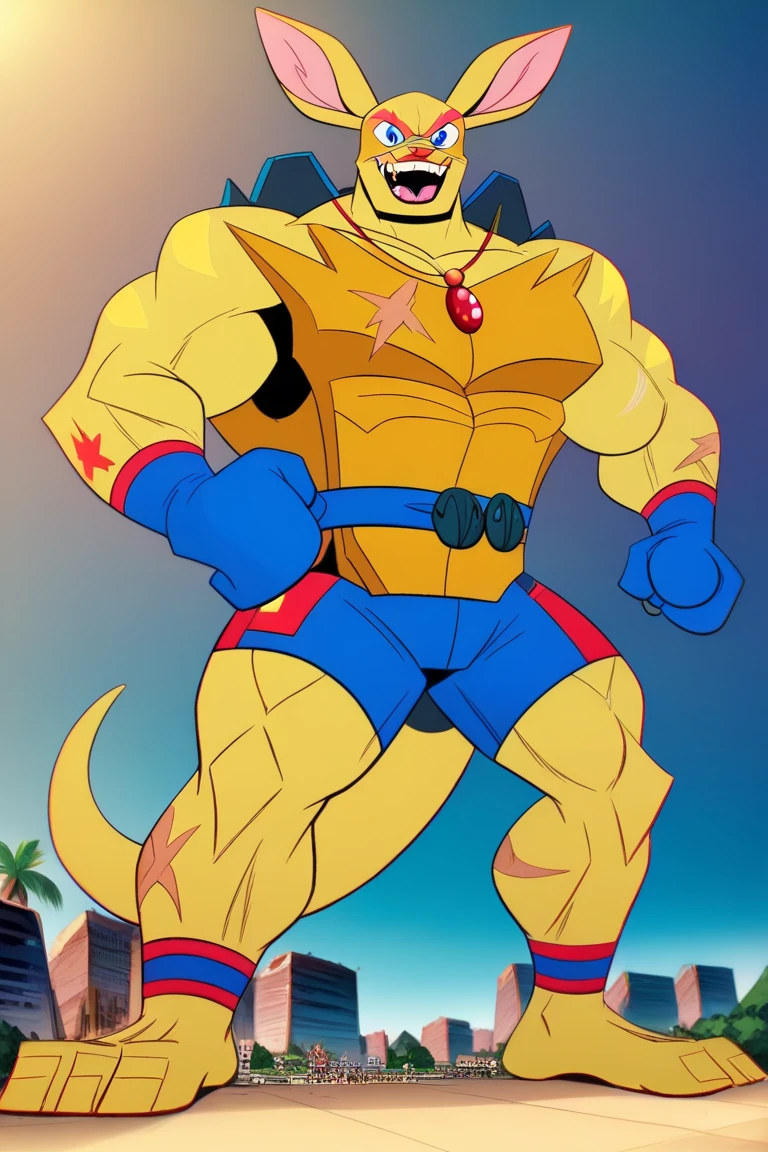 A male chubby anthropomorphic lizard with orange scales, wearing cyan skimpy superhero suit with black boots, gloves and a belt, doing a victory poses, full body, in a private room, body hair,