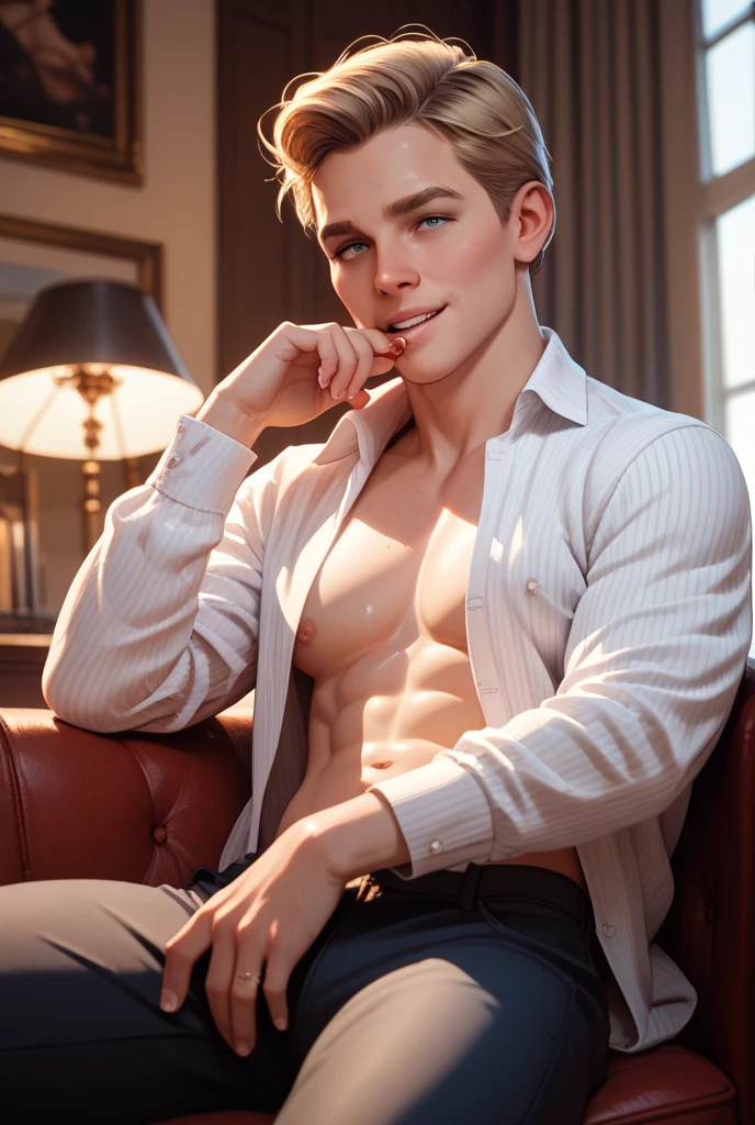 Masterpiece, best quality, ultra detailed, sfw, 1boy, an attractive 18 year old fit white boy lying in bed using laptop video call, looking at laptop screen, ((sweat)), topless, wearing tight underwear, big bulge , full body shot, side view,