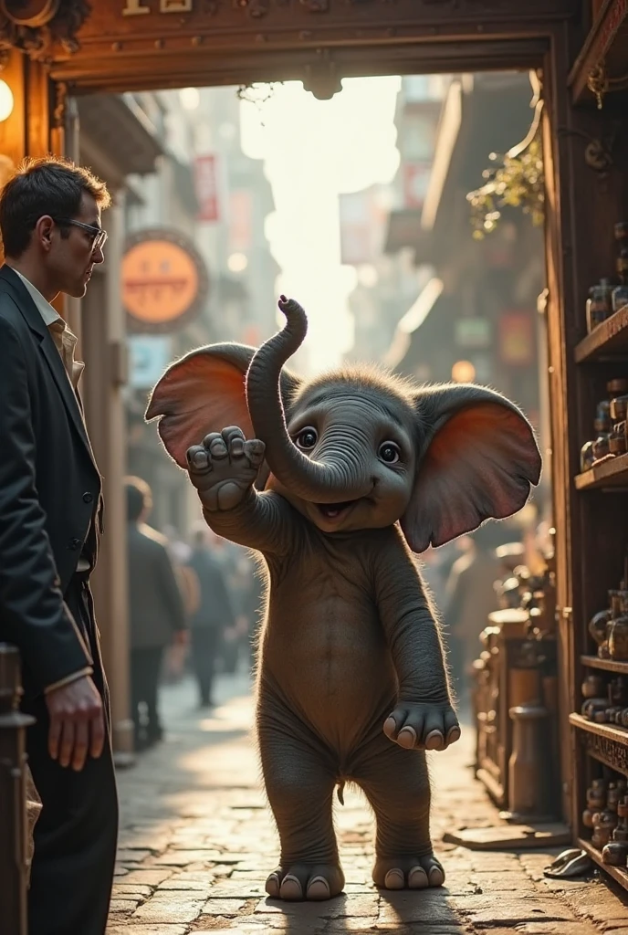 A baby elephant in city and one iron stree shope in street and elephant thron dirty water from trunk on the shop and shopkeeper looking in anger