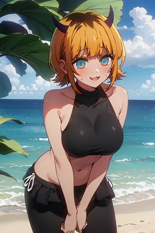 （（（masterpiece、Highest image quality、highest quality、highly detailed unity 8ｋwallpaper）））、（（Illustration of one girl））、（（（beautiful girl）））、（（blonde、two side up、sidelocks：1.6、green eyes））、（（（tall：1.4、stocky build：1.6, thickset physique：1.7, muscular legs, broad shoulders：1.7, solid chest：1.6）））、swimsuit、sandy beach