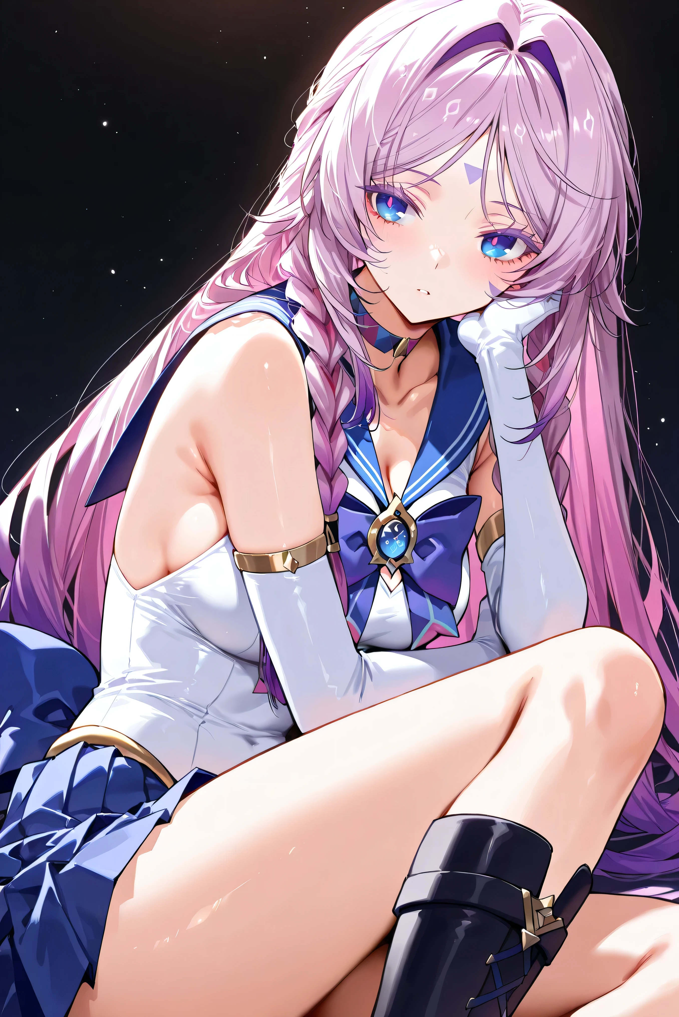 score_9, score_8_up, score_7_up, masterpiece, best quality, very aesthetic, absurdres, tunning image, light particles, attractive image, 1girl, solo, adult grown woman, citlali \(genshin impact\), pink hair, purple hair, multicolored hair, twin braids, hair intakes, blue eyes, forehead mark, lavender eyelashes, pink pupils, long hair, colored eyelashes, masterpiece,best quality,amazing quality, ero404, 5 fingers, simple background, black background, alternate costume, sailormooncosplay, forehead_tiara, back bow, sailor collar, skirt, boots, bow, brooch, choker, elbow gloves, gloves, jewelry, knee boots, white boots, pleated skirt, sailor senshi uniform, skirt, white gloves,