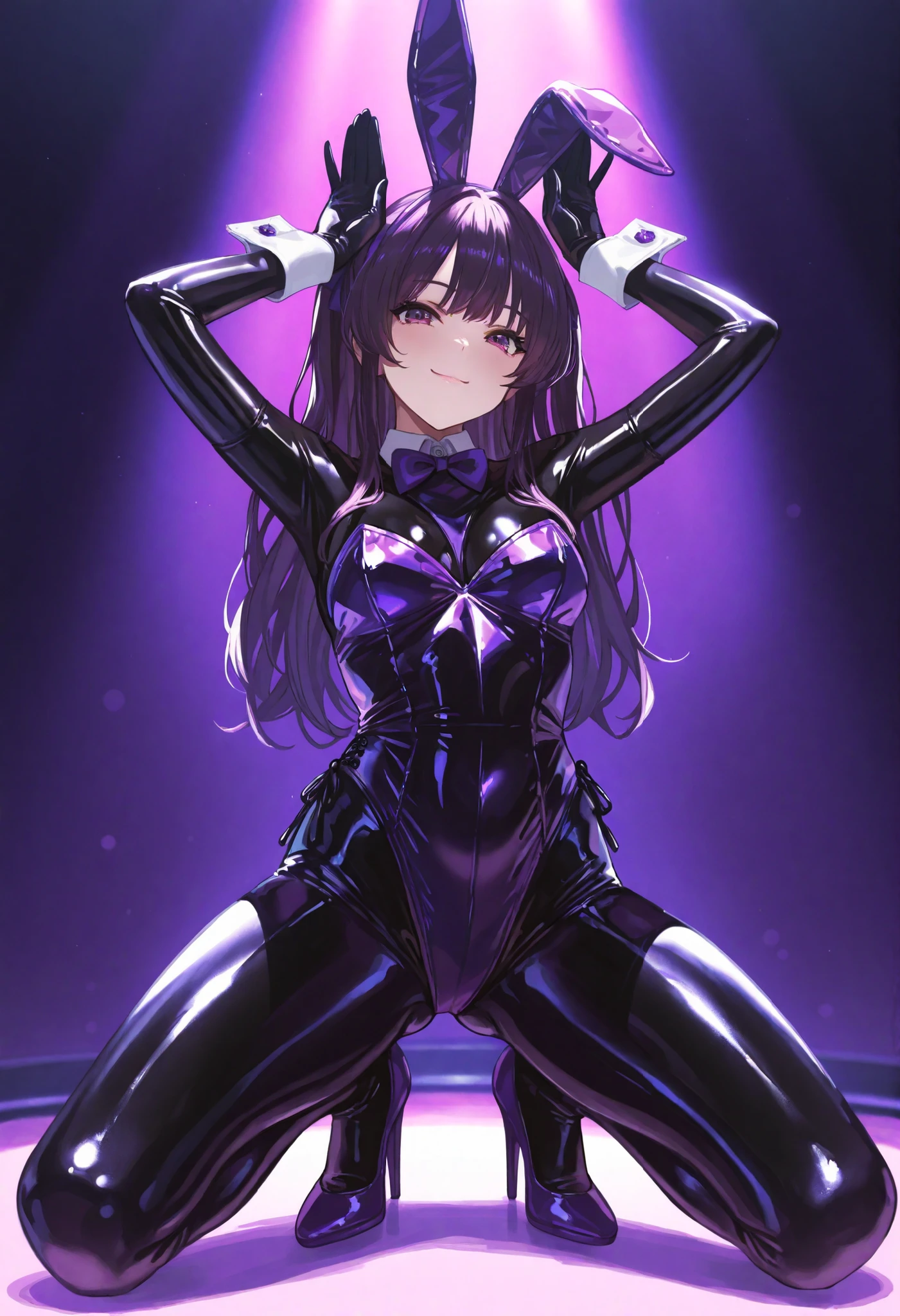 Highest quality Highest quality Draw a face carefully High-definition anime-style face Super Glowing Skin Long black hair Black leotard Bat-print purple pantyhose Succubus lure smile Back view Rear view