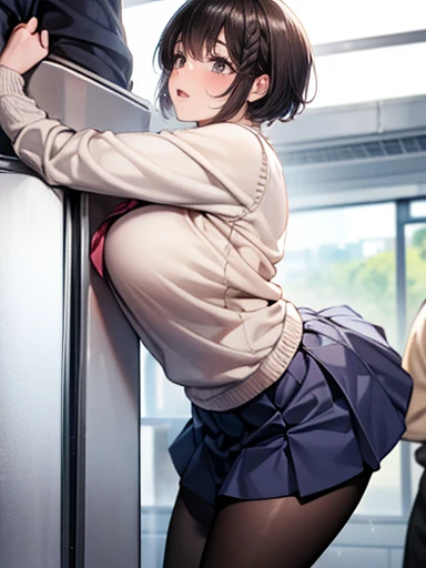 Masterpiece, Best Quality, ultra high resolution, 18 year old young man, , school, student, wavy fur, freckles in the face, short hair, on the school roof, very sensual with a perfect body, saggy tits, sexy , sensual, Saggy breasts, vestida de school, camisa undersized bra, Underwear, view from below